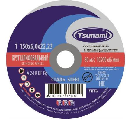 09557   Диск зачистной 230*6*22 TSUNAMI (A 24 R BF L)